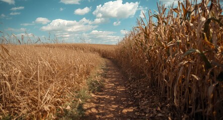 An outdoor winding trail inside a maze of dry corn stalks and harvested crop field