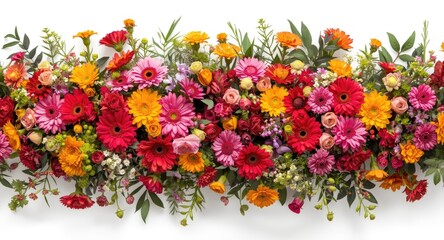 Seasonal flower basket filled with bright blooms arranged festively on white