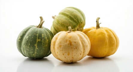 Selection of three fresh pattypan squash types with white background