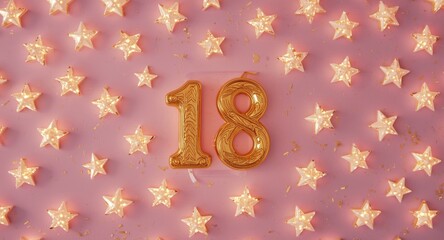 Fototapeta premium Golden number eighteen birthday candle framed by luminous stars on a delicate pink backdrop