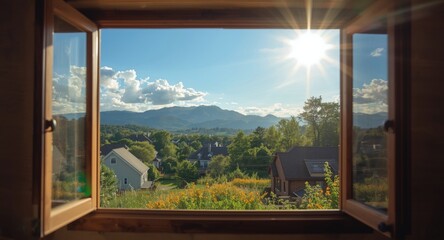Open window capturing a radiant summer day with rooftops and thriving mountain landscape