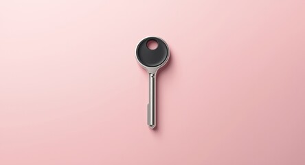 Modern silver key with black top set on light pink background offering copy space