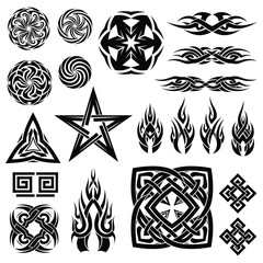 A collection of black and white tribal and celtic designs