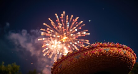 Fototapeta premium Mexican sombrero featuring lively fireworks show against a starry night