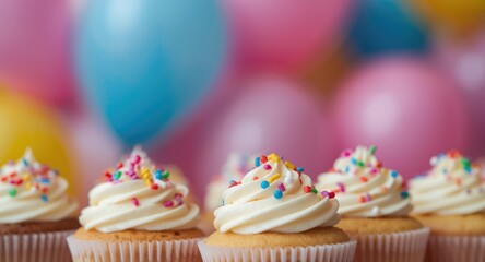 Fototapeta premium Detailed birthday cupcakes foregrounded against a blurred mix of vivid balloons and party decor