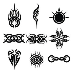 A collection of black and white tribal tattoo designs displayed in a grid