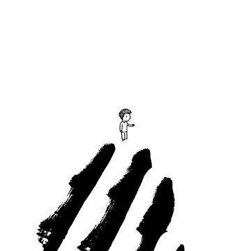 A small person stands on giant handprint with black ink smudges on white background symbolizing powerlessness or oppression