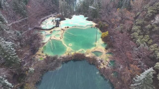 Aerial View of Logs Submerged in Turquoise Lake and Calcification pool