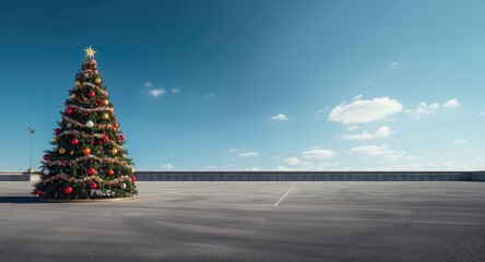 Fototapeta premium Festive Christmas tree standing alone in a spacious parking lot with ample copy space for holiday promotions
