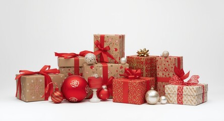 Fototapeta premium Group of holiday packages and decorative ornaments arranged on a white backdrop