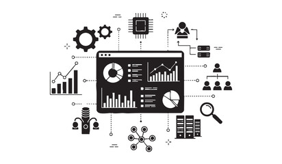 Obraz premium Data analysis and business intelligence dashboard with charts, graphs, and organizational chart.