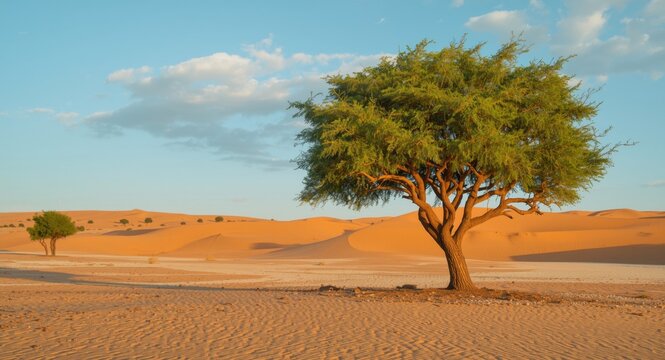 Desert dunes with successful Ghaf tree growth countering desertification challenges