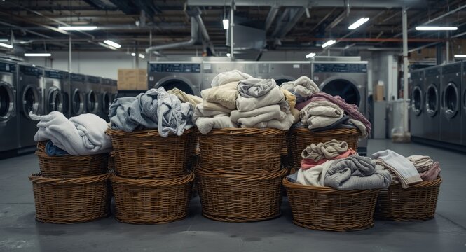 Stacks of dirty laundry organized in baskets inside an industrial laundry