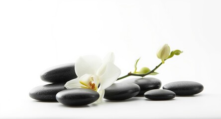 Relaxing spa setup featuring black massage stones and white orchid on a clean white background