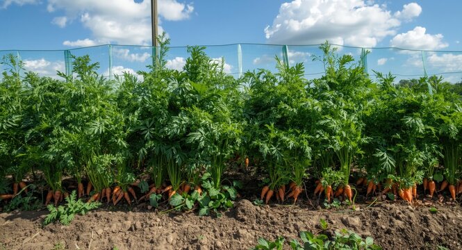 Organic carrot garden secured with translucent protective netting during growth