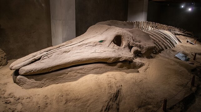 Fossilized whale skull with exaggerated cartoonish features, half-submerged in an ancient seabed.