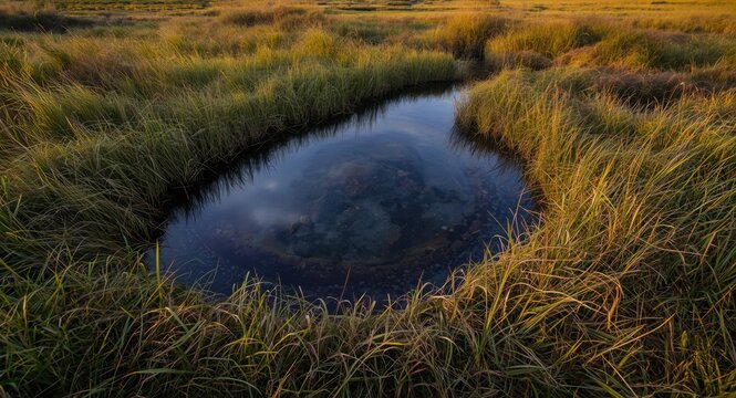 Scenic wetland grass environment highlighting a unique reflective tar pit