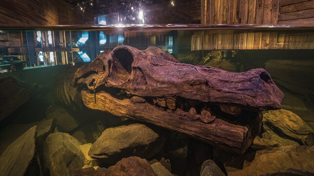 Fossilized whale skull with exaggerated cartoonish features, half-submerged in an ancient seabed.