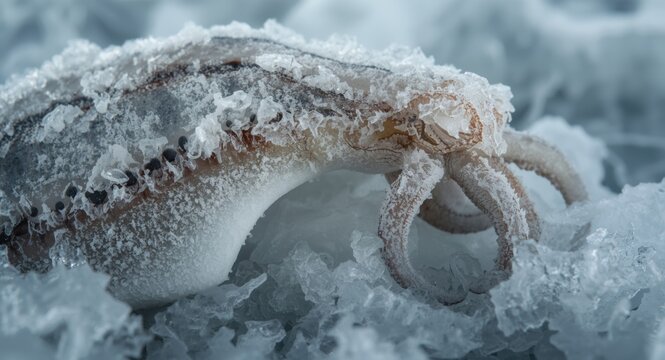 Macro texture of frozen cuttlefish body with icy coating