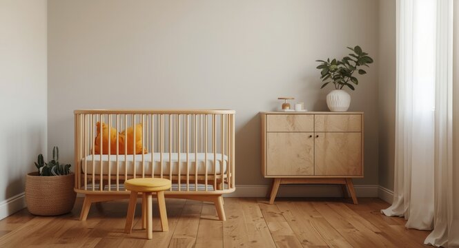 Cozy baby room scene with a cot featuring an orange cushion beside a yellow stool and a plant adorned cabinet