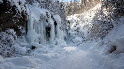 frozen waterfall in winter forest