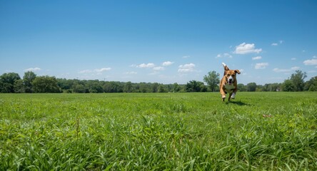 Fototapeta premium Serene summer day with pet engaged in playful antics on a widespread green lawn
