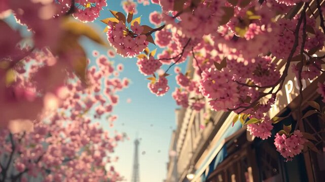 Cherry blossom season near Eiffel Tower brings people to outdoor caf&eacute; in springtime Paris