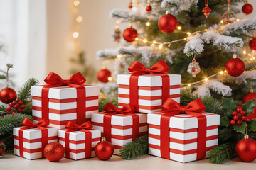 Christmas Presents Under Decorated Tree with Festive Ornaments