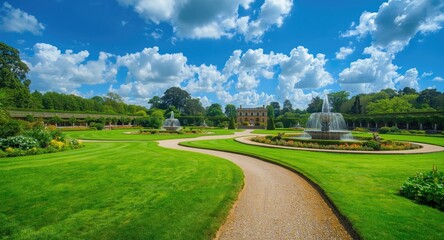 Obraz premium Idyllic historic garden with sprawling lawns and detailed garden architecture