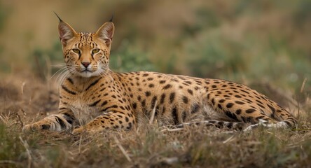 Fototapeta premium Big cat lying on ground highlighting spotted skin coloration