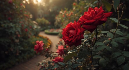 Historic botanical garden scene with thriving red rose blooms