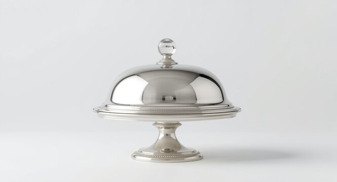 Silver serving cloche placed on minimalist white background for dish display