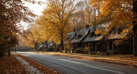 Obraz premium Residential block featuring houses and golden autumn trees