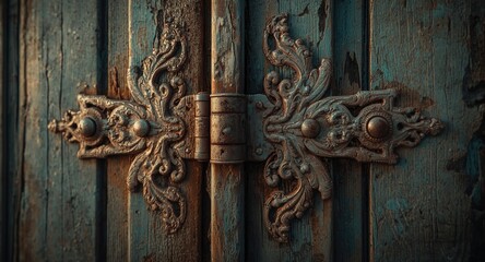 Rusty iron door hinges on aged wooden doors showing antique character and natural decay