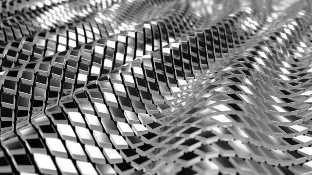 Dynamic abstract 3d animation of undulating metallic grids, perfect for VJ loops and visual effects. This captivating 3d video background creates a futuristic and mesmerizing visual experience