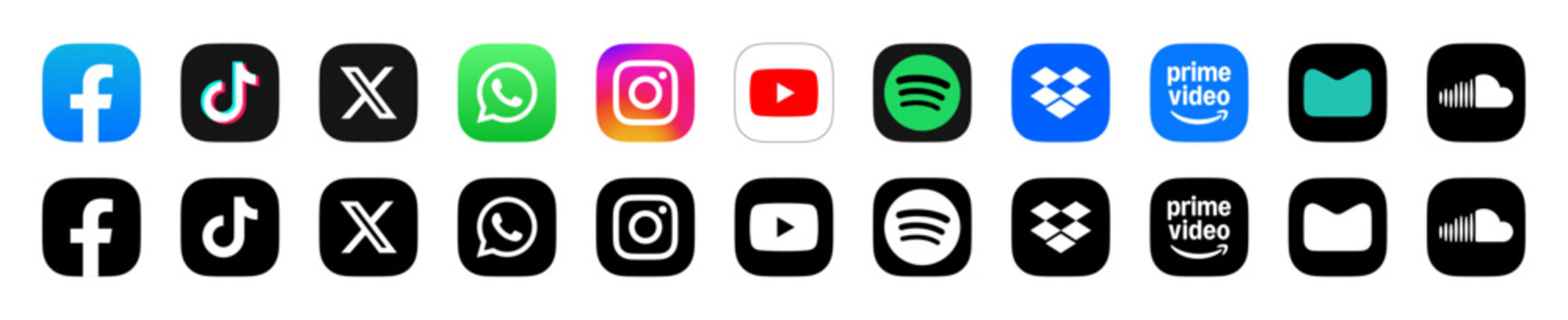 Social media icon logo vector set. Instagram, X, facebook, tiktok, soundcloud. Popular social media icons button fit for web, mobile app