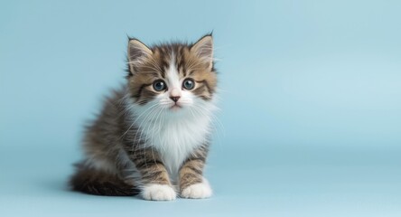 Obraz premium Curious fluffy kitten with black and white fur on plain blue surface