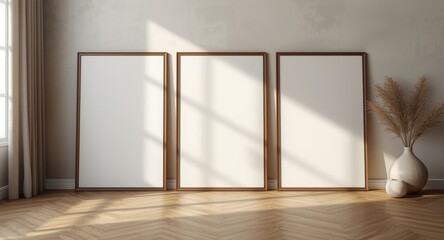 Obraz premium Mockup of three blank poster frames featured in an elegant home interior