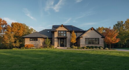 Obraz premium Stylish suburban house front with contemporary roofline and energy saving features