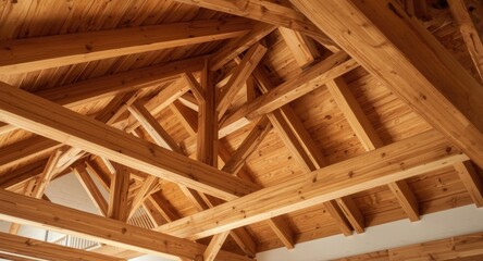 Complex wooden roof design highlighting laminated timber rafters construction