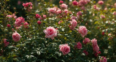Fototapeta premium Pink rose bush flourishing in summer garden providing floral background