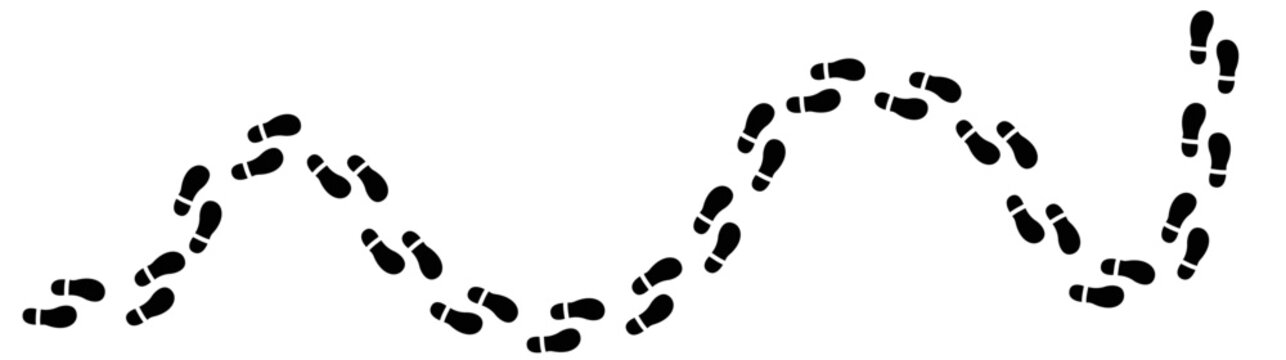 Trail of black shoe footprints following a curved path for represent tracking, search, or a winding journey