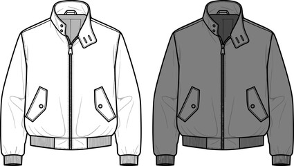 Classic Bomber Jacket Fashion Flat Sketch, Technical Harrington Outerwear Vector Template © ASH Labs