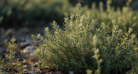 Trailing rosemary with fine leaves in natural outdoor light