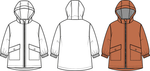 Kids Hooded Raincoat Technical Fashion Flat Sketch Vector, Children's Jacket Front and Back View © ASH Labs