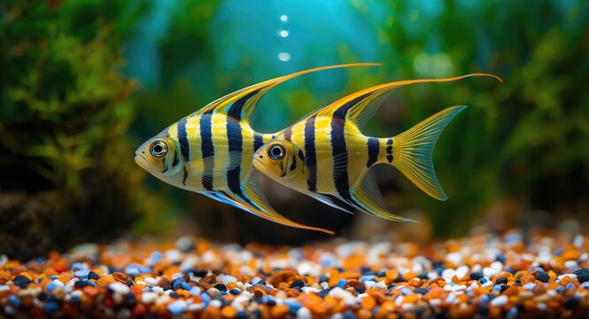 Two lively zebra danio fish swimming with veil fins in aquatic habitat