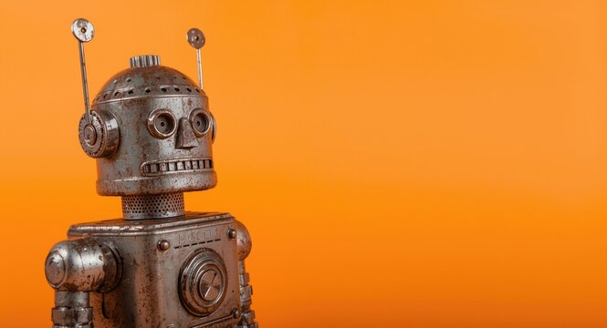 Retro metal robot toy set on bright orange background with copy space included