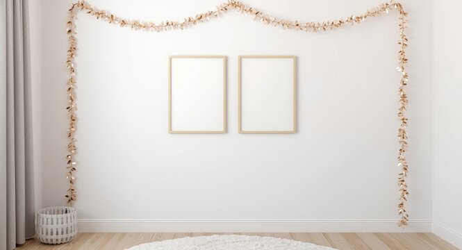 Minimalist child room with dazzling garlands and empty frames on a clean plastered wall