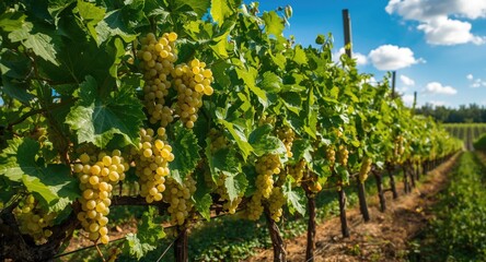 Naklejka premium Sunlit white grape bunches maturing in a lush garden vineyard
