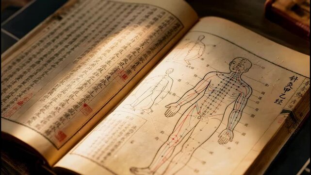 Ancient Acupuncture Manual: An ancient book depicting acupuncture diagrams, offering a glimpse into the art of traditional healing. Revealing the time-honored practices and wisdom of ancient medicine.